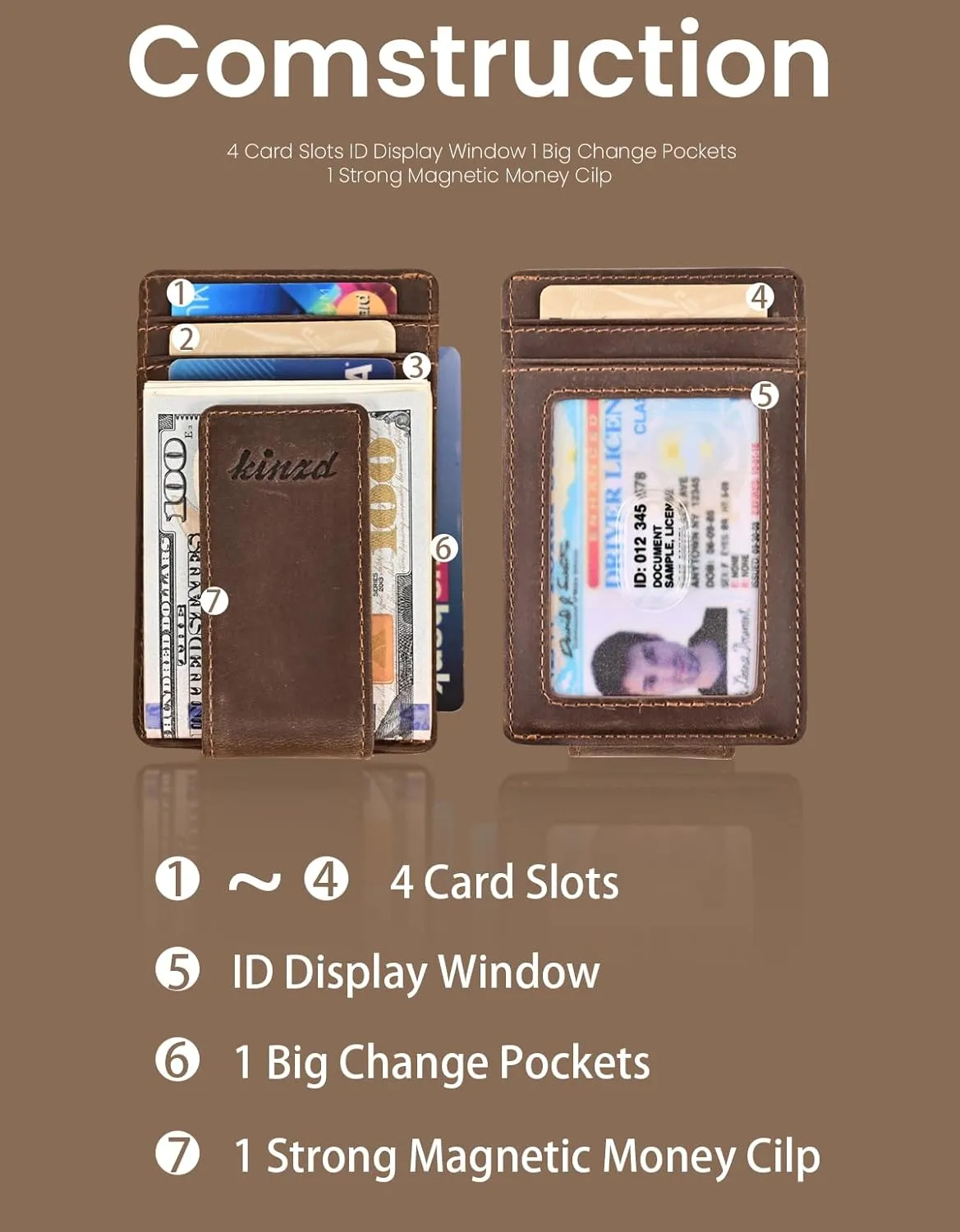 kinzd Money Clip, Front Pocket Wallet, Leather RFID Blocking Strong Magnet thin Wallet
