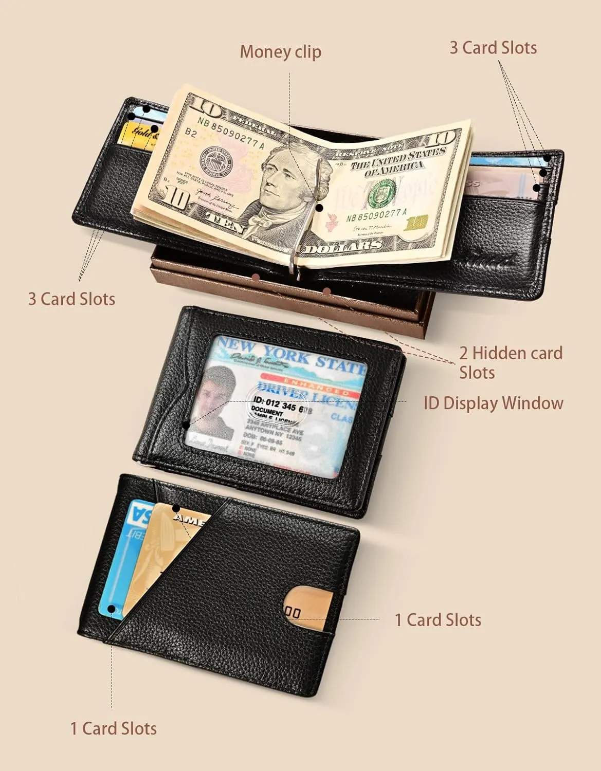 kinzd Slim Wallet with Money Clip RFID Blocking Minimalist Bifold Wallet for Men Genuine Leather Front Pocket Card Holder