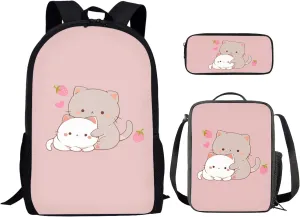 Kitten Cat School Bags Set for Teen Girls Kids Backpack with Lunch Box and Pencil Bag Strawberry Bookbag Student Satchel Shoulder Schoolbag Primary Middle School Satchel