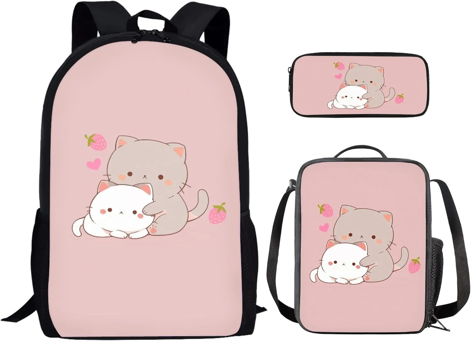 Kitten Cat School Bags Set for Teen Girls Kids Backpack with Lunch Box and Pencil Bag Strawberry Bookbag Student Satchel Shoulder Schoolbag Primary Middle School Satchel