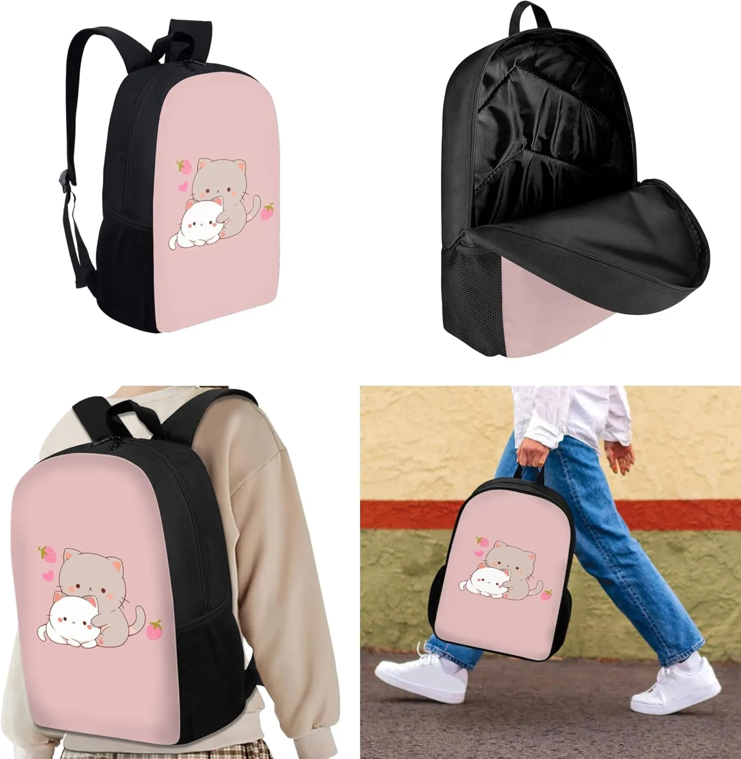 Kitten Cat School Bags Set for Teen Girls Kids Backpack with Lunch Box and Pencil Bag Strawberry Bookbag Student Satchel Shoulder Schoolbag Primary Middle School Satchel