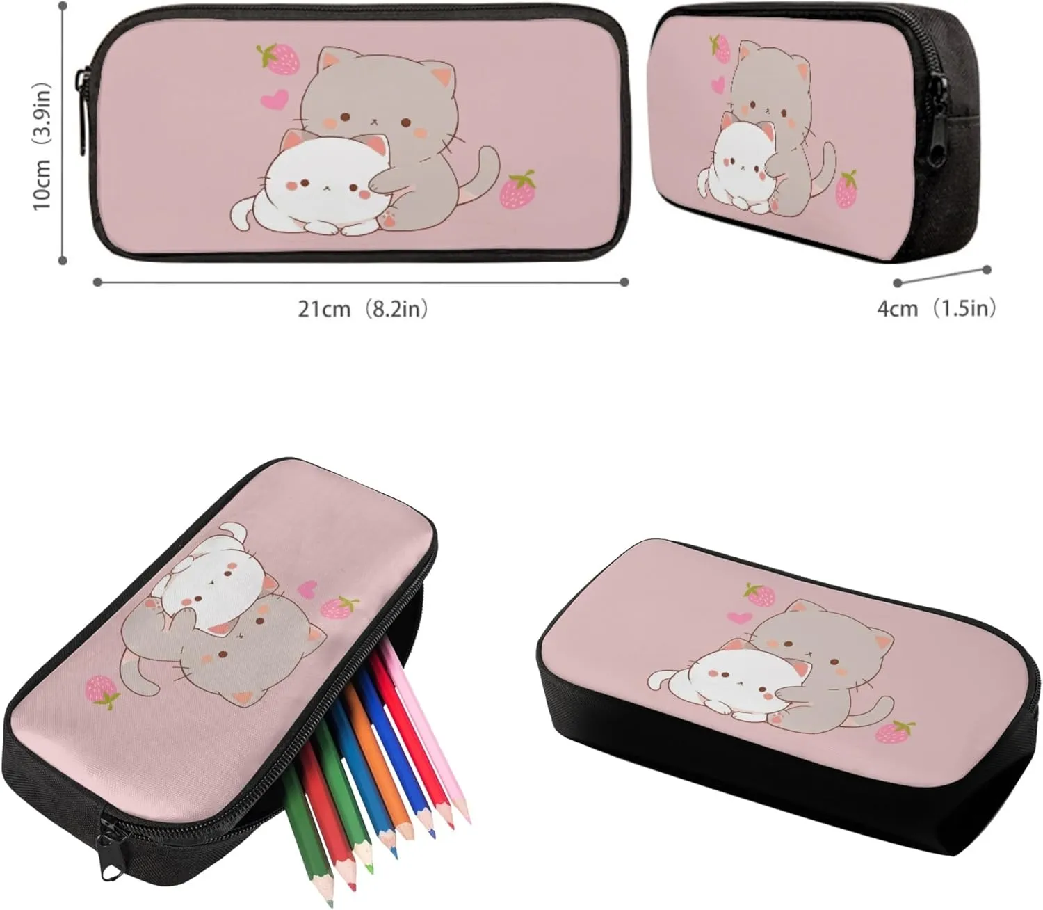 Kitten Cat School Bags Set for Teen Girls Kids Backpack with Lunch Box and Pencil Bag Strawberry Bookbag Student Satchel Shoulder Schoolbag Primary Middle School Satchel