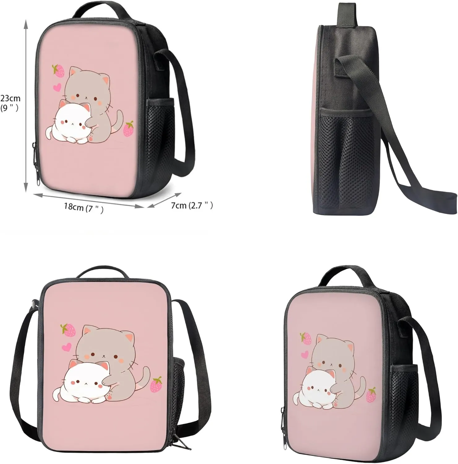 Kitten Cat School Bags Set for Teen Girls Kids Backpack with Lunch Box and Pencil Bag Strawberry Bookbag Student Satchel Shoulder Schoolbag Primary Middle School Satchel