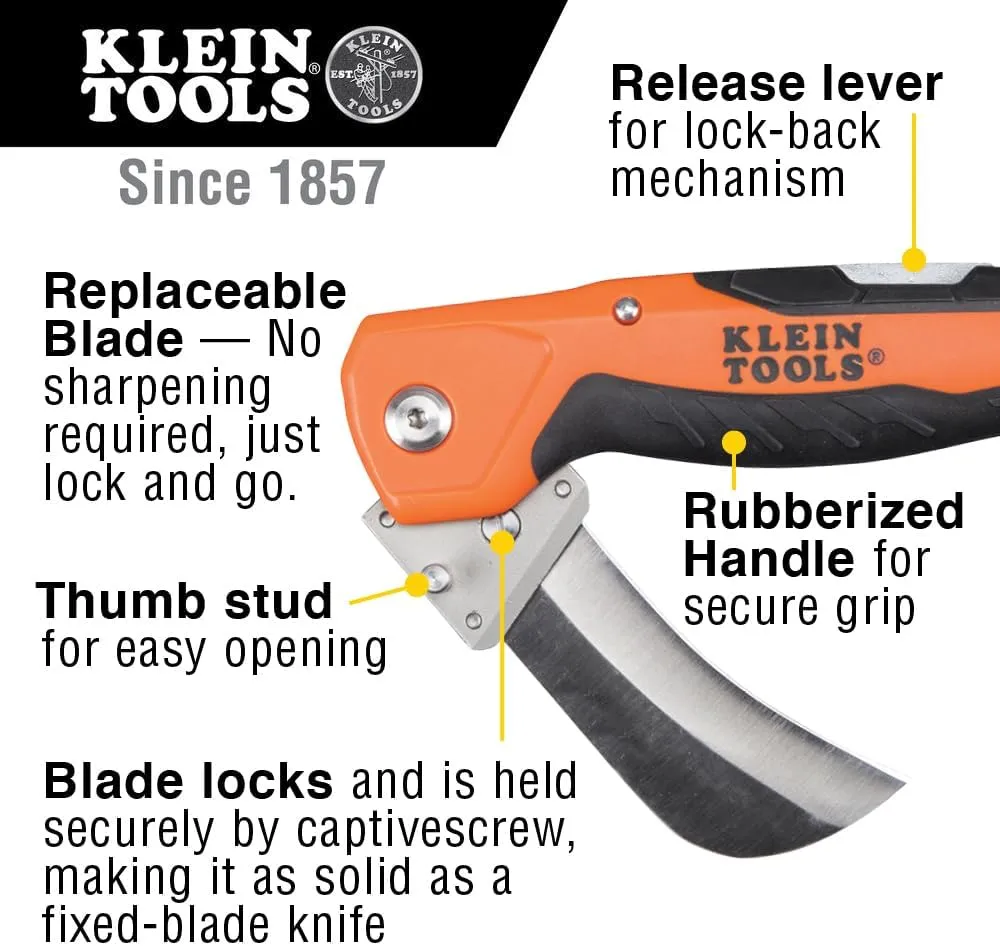 Klein Tools 44218 Utility Knife, Electricians and Folding Pocket Knife with Hawkbill Blade for Cable Skinning, Replaceable Blade