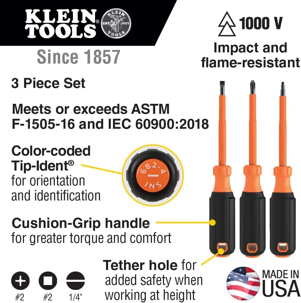 Klein Tools 85073INS Insulated Screwdriver Set features 1000V Phillips, Slotted and Square Tips, Cushion Grip Handles, 3-Piece