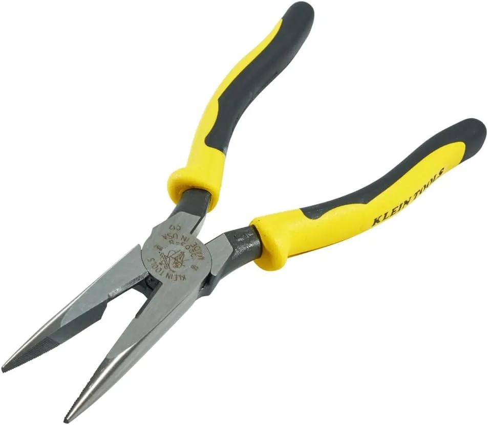 Klein Tools J203-8 8-Inch Needle Nose Pliers, Heavy Duty Cutting, Extended Handles, High Leverage, Induction Hardened with Hot-Riveted Joint