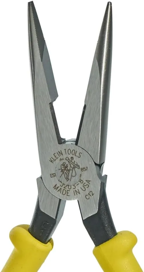 Klein Tools J203-8 8-Inch Needle Nose Pliers, Heavy Duty Cutting, Extended Handles, High Leverage, Induction Hardened with Hot-Riveted Joint