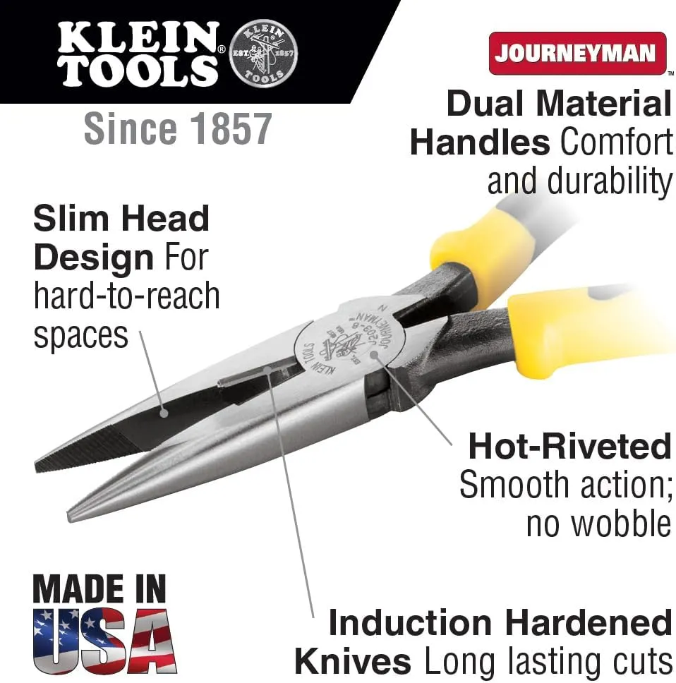 Klein Tools J203-8 8-Inch Needle Nose Pliers, Heavy Duty Cutting, Extended Handles, High Leverage, Induction Hardened with Hot-Riveted Joint