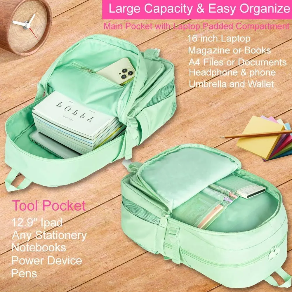 KLFVB Girls Backpack with Lunch Box, 15.6 Inch Cute Aesthetic School Backpacks, Anti Theft Water Resistant College Bookbag for Women Teens Primary Students - Green