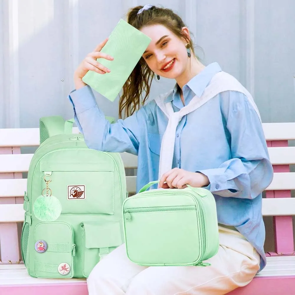 KLFVB Girls Backpack with Lunch Box, 15.6 Inch Cute Aesthetic School Backpacks, Anti Theft Water Resistant College Bookbag for Women Teens Primary Students - Green