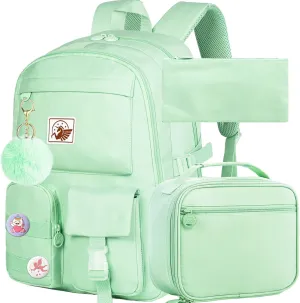 KLFVB Girls Backpack with Lunch Box, 15.6 Inch Cute Aesthetic School Backpacks, Anti Theft Water Resistant College Bookbag for Women Teens Primary Students - Green