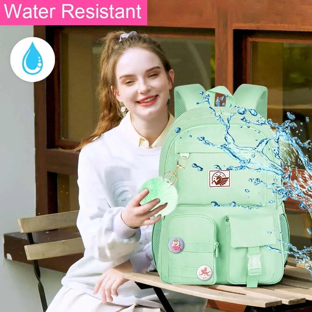 KLFVB Girls Backpack with Lunch Box, 15.6 Inch Cute Aesthetic School Backpacks, Anti Theft Water Resistant College Bookbag for Women Teens Primary Students - Green