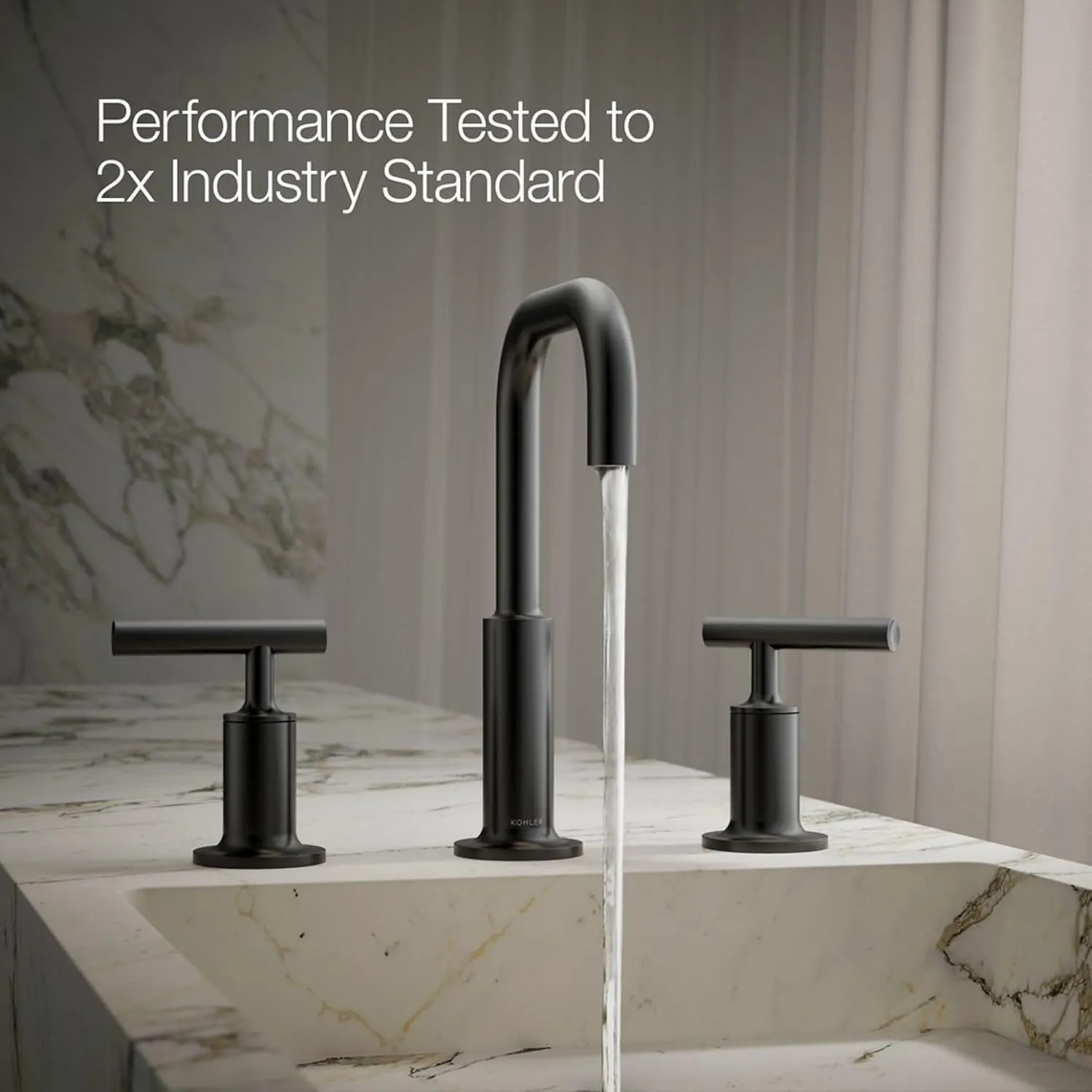 KOHLER 14406-4-BL Purist® Widespread Bathroom Sink Faucet with Low Lever Handles and Low Gooseneck Spout, Matte Black
