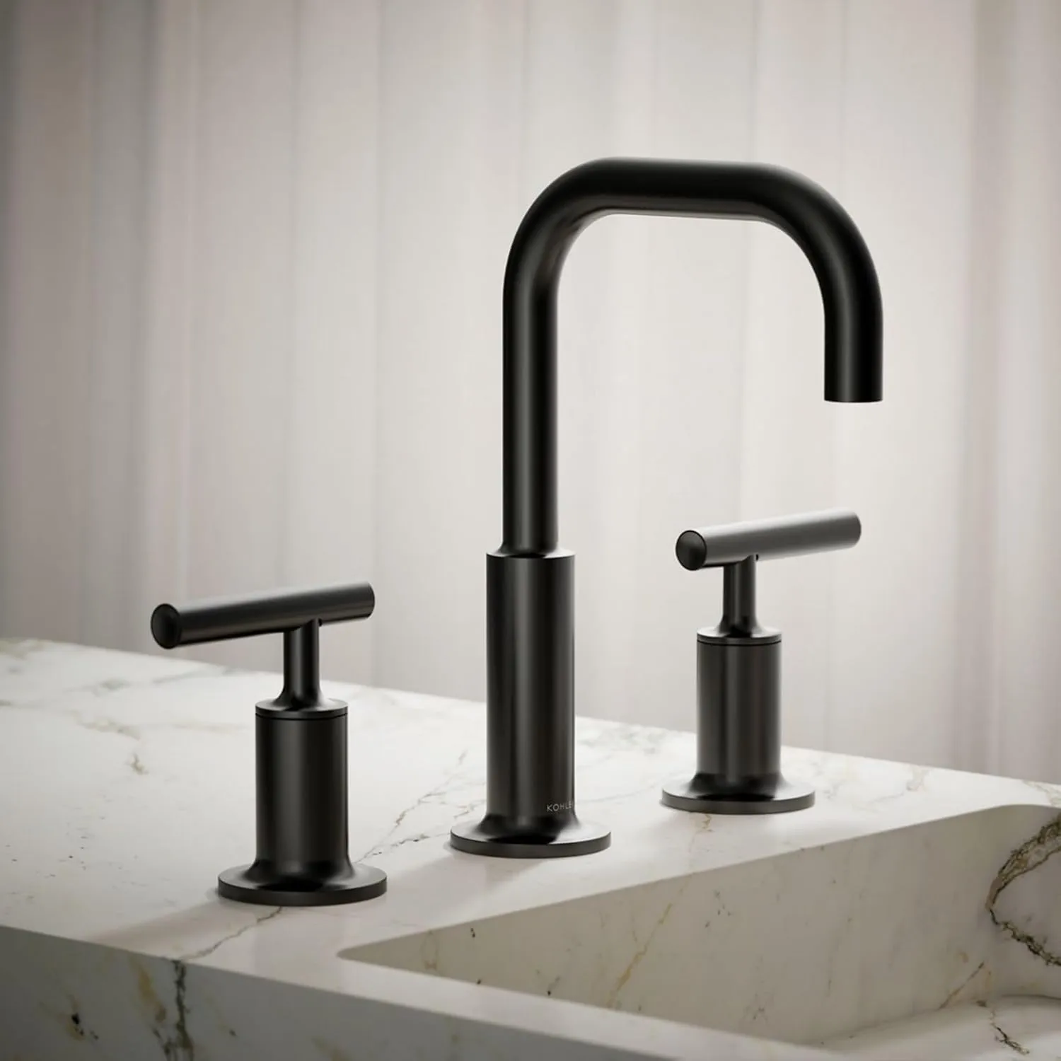 KOHLER 14406-4-BL Purist® Widespread Bathroom Sink Faucet with Low Lever Handles and Low Gooseneck Spout, Matte Black