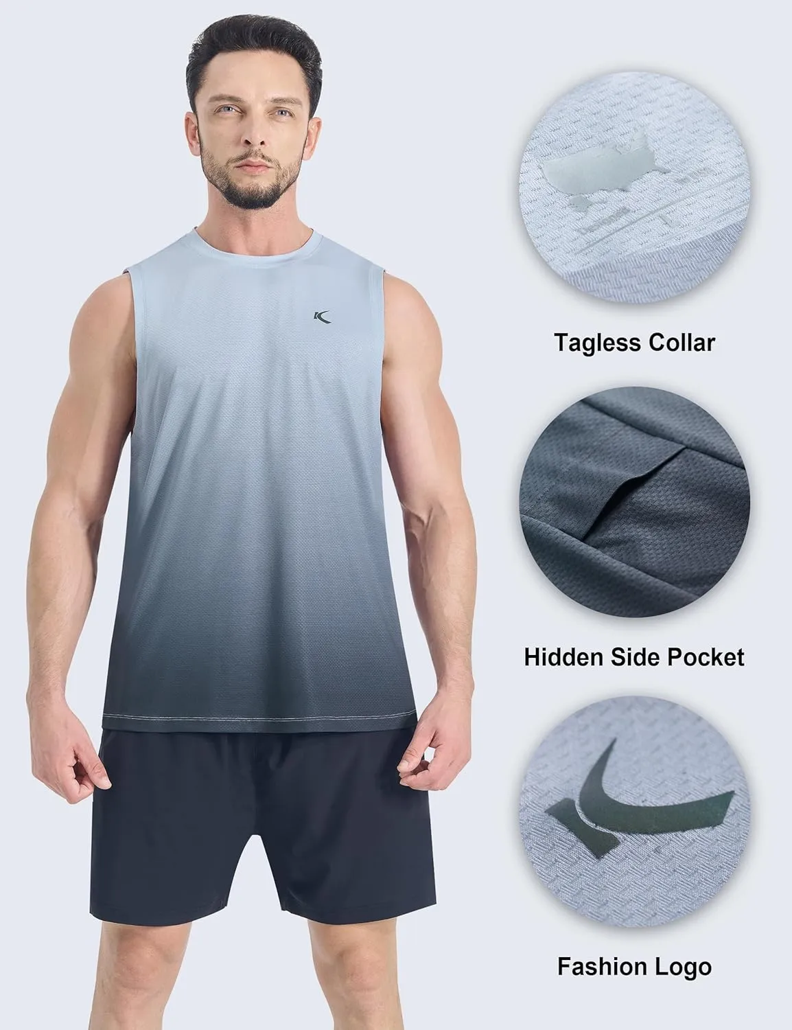 KPSUN Men's Quick Dry Workout Tank Tops Sleeveless Gym Muscle Shirts Fitness Running Athletic Swim Shirt with Side Pocket