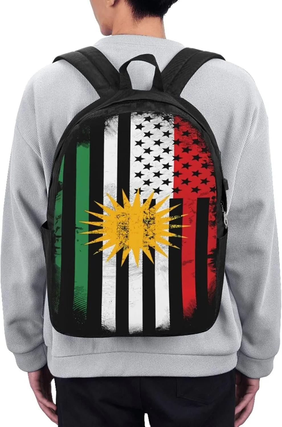 Kurdish Kurdistan American Flag Travel Backpack 17-Inch Laptop Backpacks Business Rucksack Casual Sport Daypack with USB Charging Port Carry-on Bag for Camping Biking