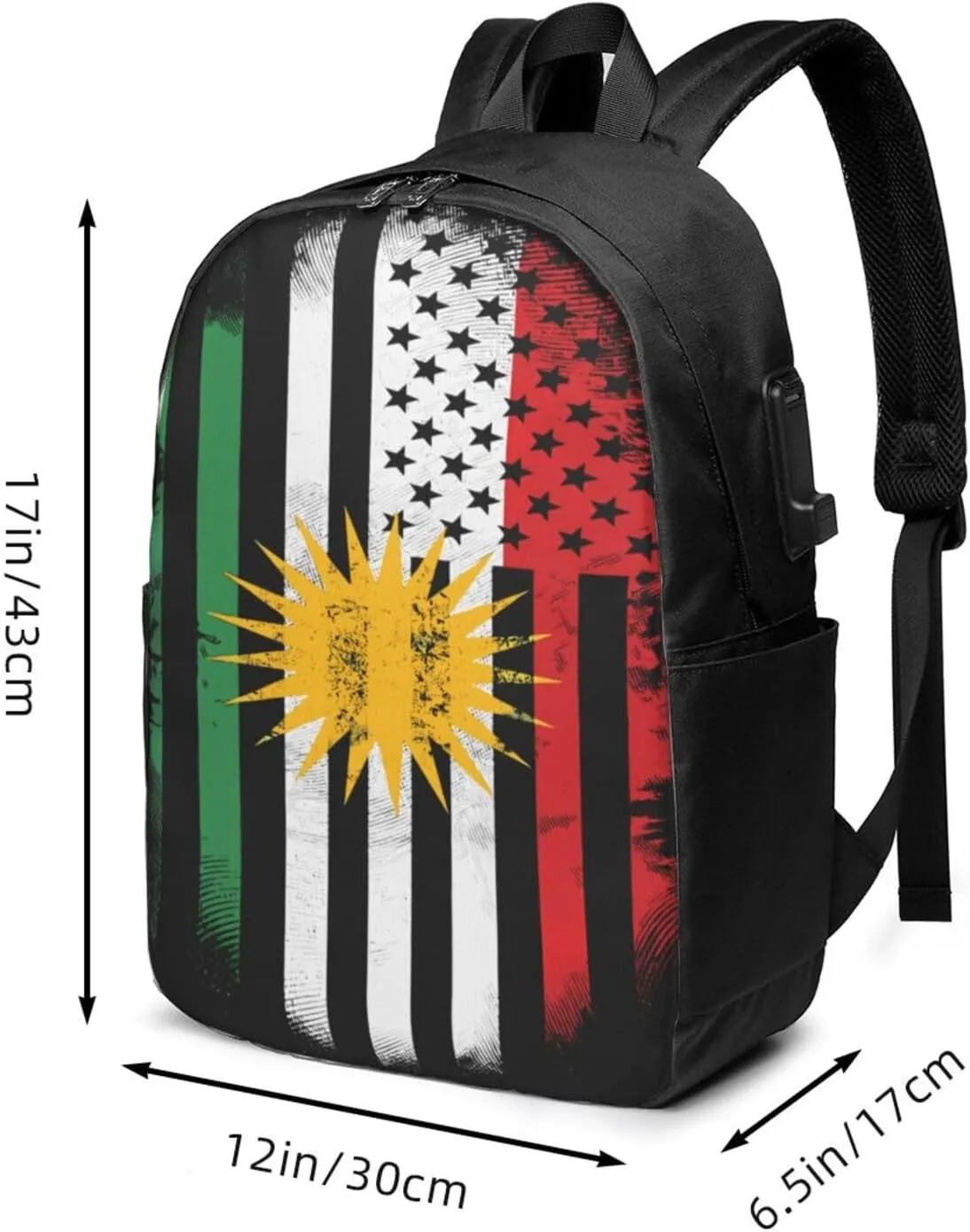 Kurdish Kurdistan American Flag Travel Backpack 17-Inch Laptop Backpacks Business Rucksack Casual Sport Daypack with USB Charging Port Carry-on Bag for Camping Biking
