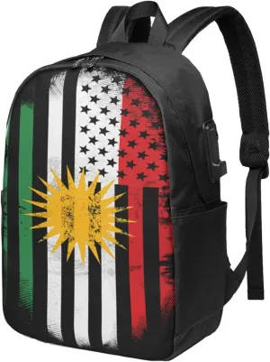 Kurdish Kurdistan American Flag Travel Backpack 17-Inch Laptop Backpacks Business Rucksack Casual Sport Daypack with USB Charging Port Carry-on Bag for Camping Biking