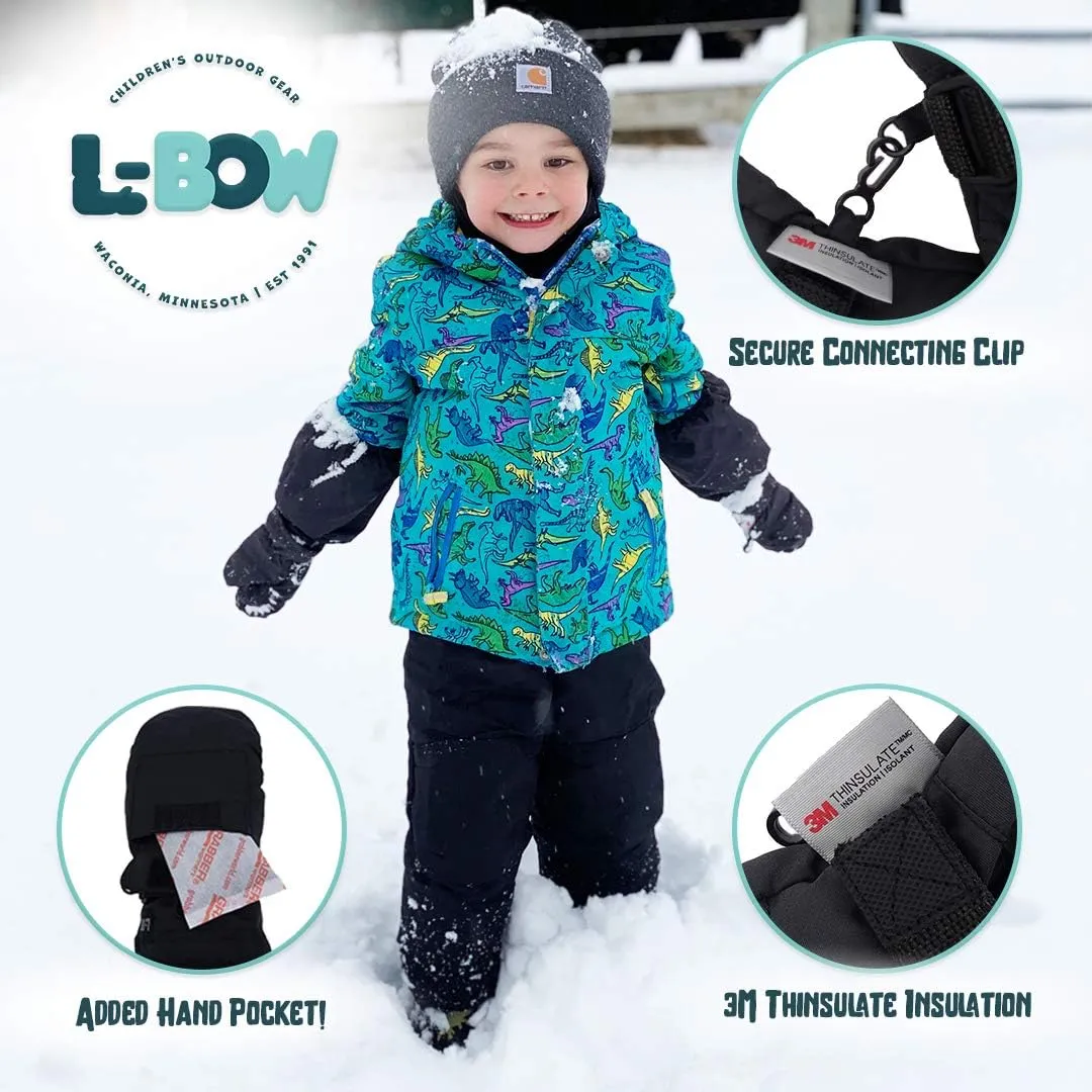 L-Bow Kids Mittens   Bungee Pocket Style for Hand Warmers   Waterproof Stay On Design   Cold Weather 3M Thinsulate Material
