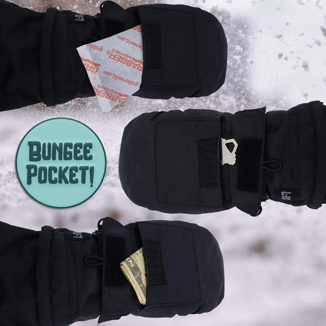 L-Bow Kids Mittens   Bungee Pocket Style for Hand Warmers   Waterproof Stay On Design   Cold Weather 3M Thinsulate Material