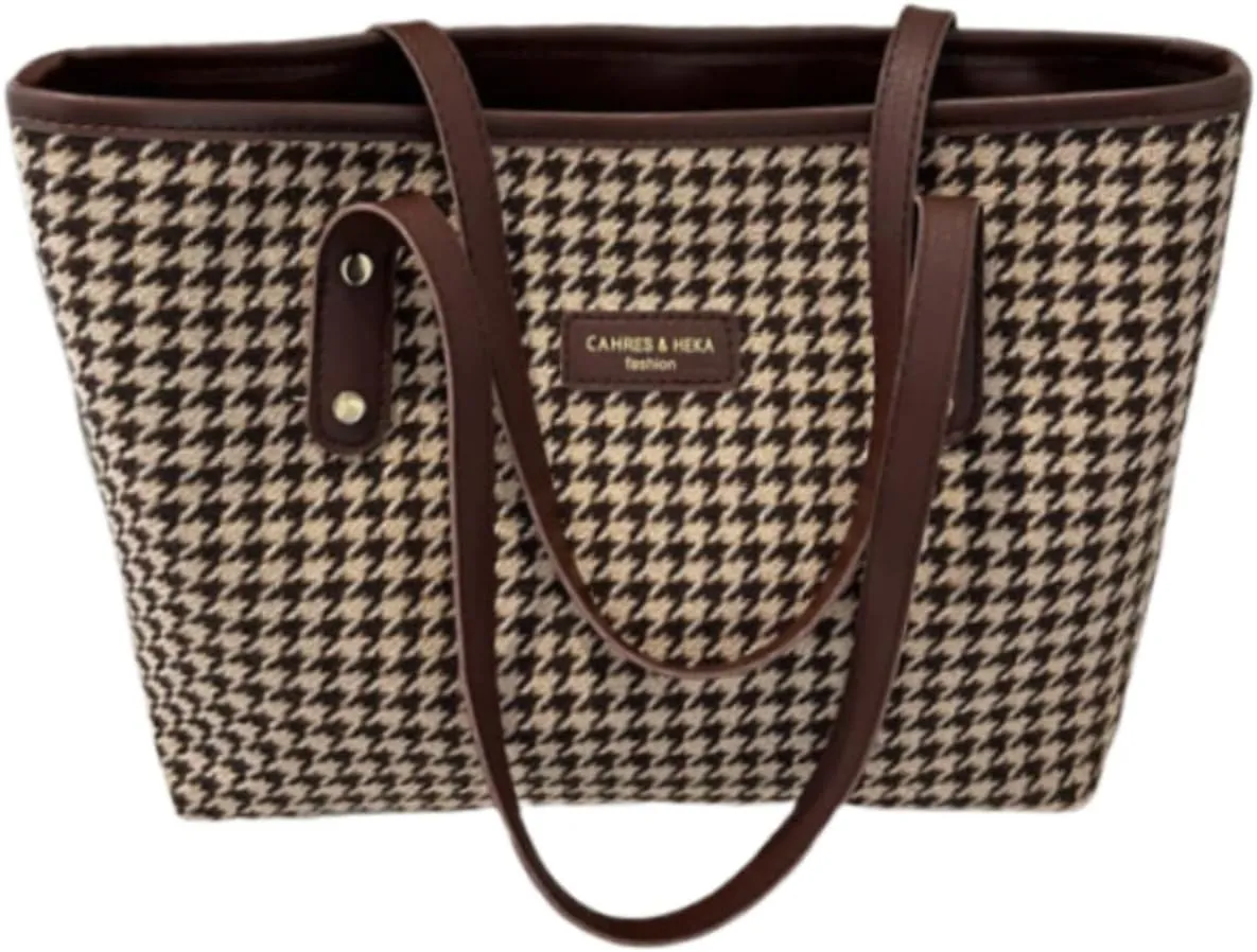 Ladies' Work Tote Bag-Checkered Shoulder Bag with Comfortable Handles and Adjustable Strap,Perfect for Business (Brown)