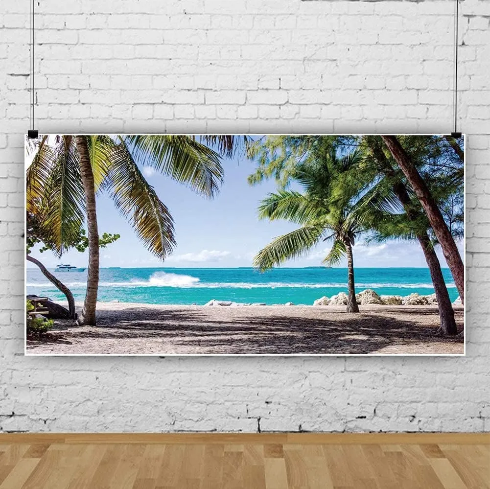Laeacco 10x5ft Seaside Beach Backdrop Summer Holiday Photography Background Soft Beach Summer Tropical Trees Backdrops Island Sea Waves Palm Trees Props