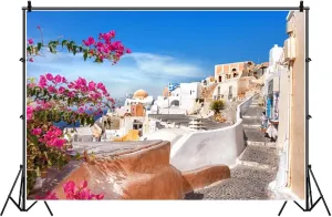 Laeacco 10x8ft Greece Santorini Island Backdrop Aegean Seascape Photography Background Seaside White House Church Wedding Wallpaper Holiday Party Honeymoon Trip Decoration Bridal Shower Party Banner