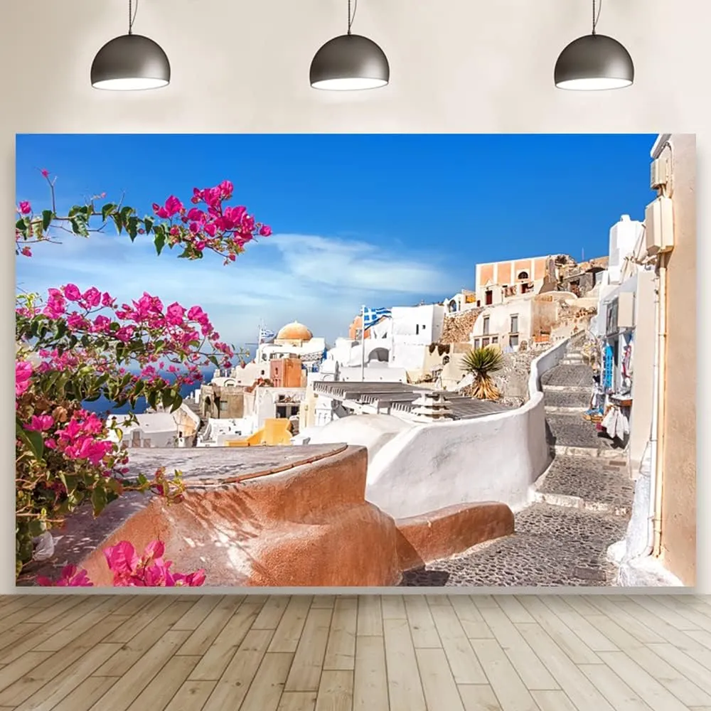 Laeacco 10x8ft Greece Santorini Island Backdrop Aegean Seascape Photography Background Seaside White House Church Wedding Wallpaper Holiday Party Honeymoon Trip Decoration Bridal Shower Party Banner