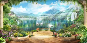 Laeacco 20x10ft Lakeside European Vintage Balcony Fresco Photography Background Dazzling Sunshine Flowers Waterfall Scenic Backdrop Classical Wedding Photo Studio Spring Natural Landscape Wallpaper