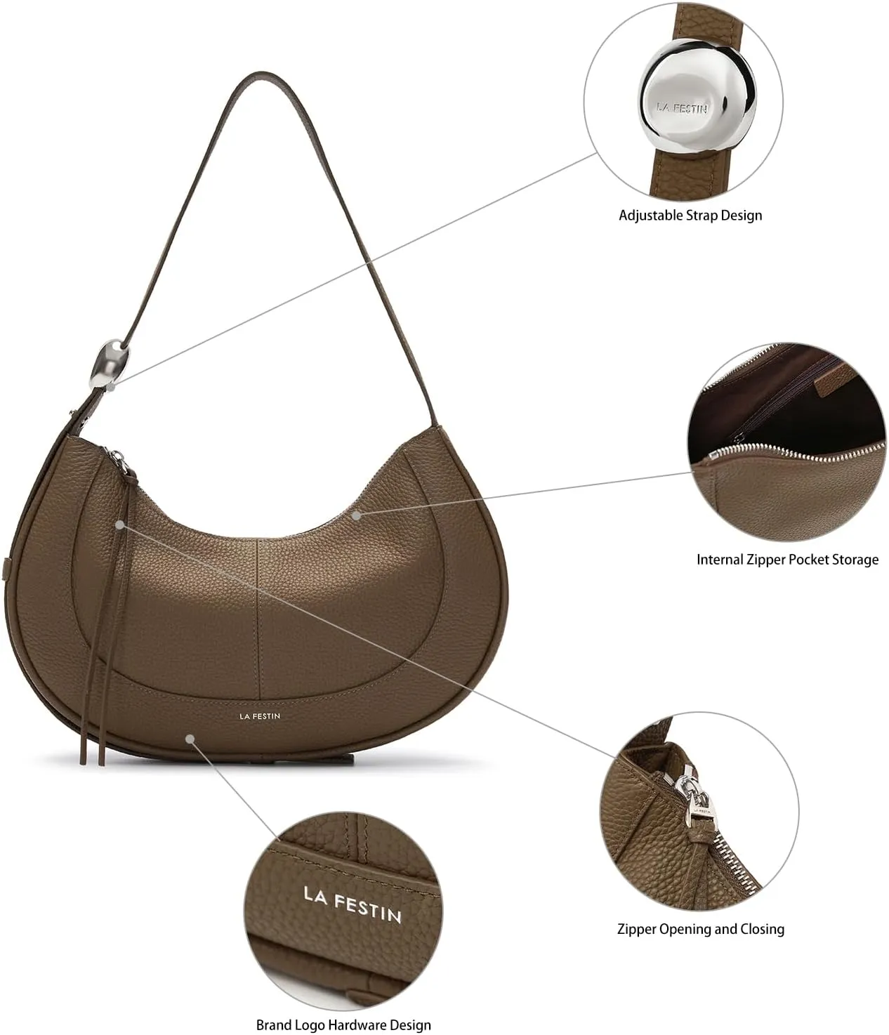 LAFESTIN Shoulder Bag for Women with Adjustable Strap Split Leather Crescent Crossbody Bags, Designer Trendy Satchel Purses