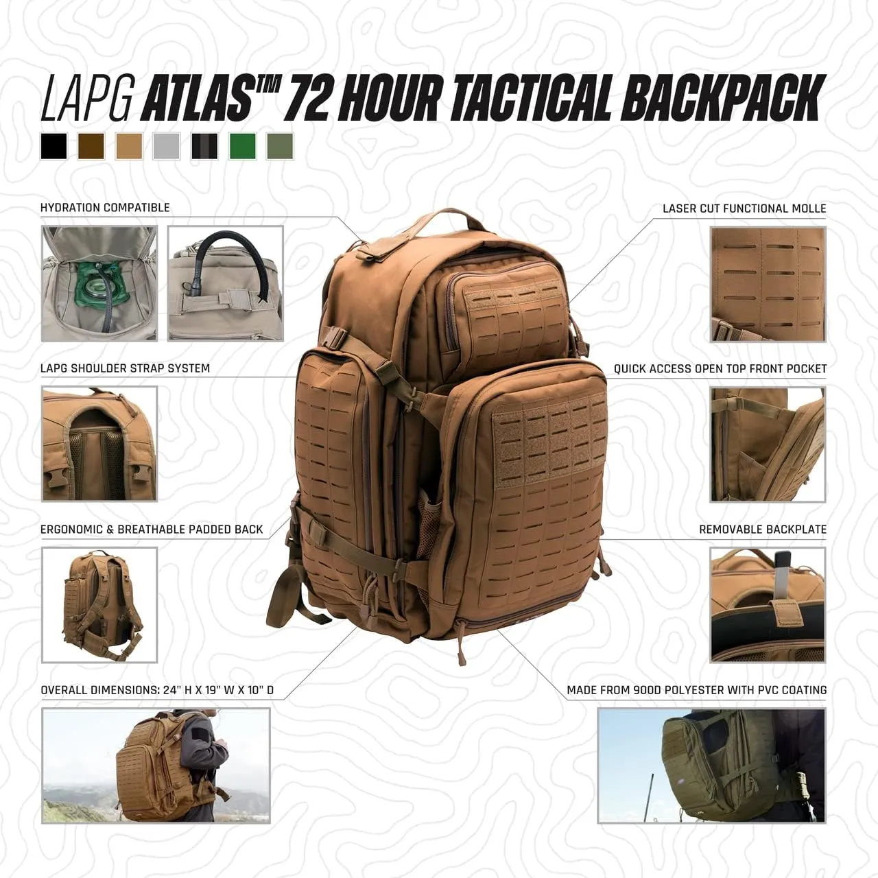 LAPG Atlas 72 Hour Tactical Backpack for Men & Women, Large Bug Out Bag with MOLLE System, Hiking Hunting Combat Backpack, Black