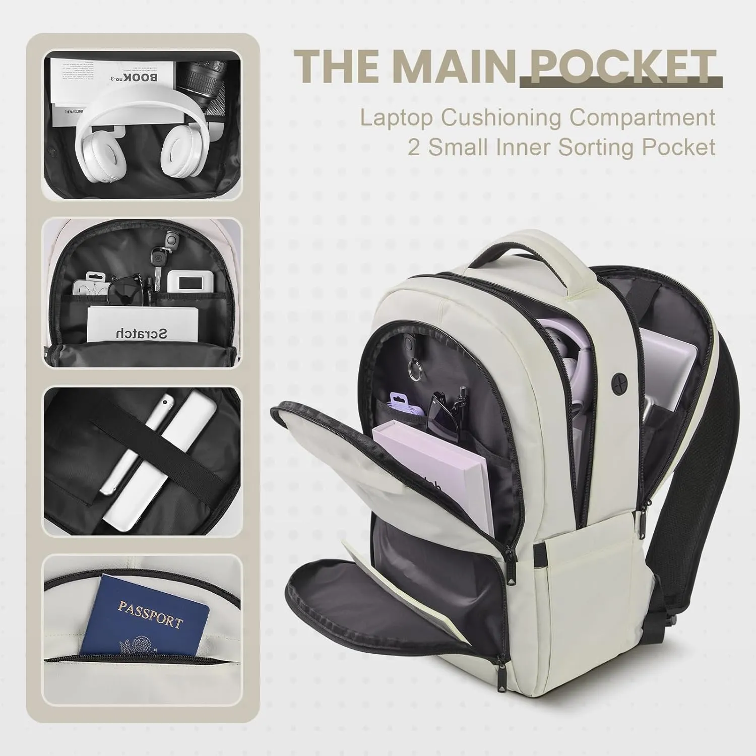 Laptop Backpack 15.6 inch, Backpacks for Men, Travel backpack Carry on Flight Approved, College School Bookbag, Anti-theft Personal Item Backpack, Water Resistant Bags for Work,Daily,Business (Beige)