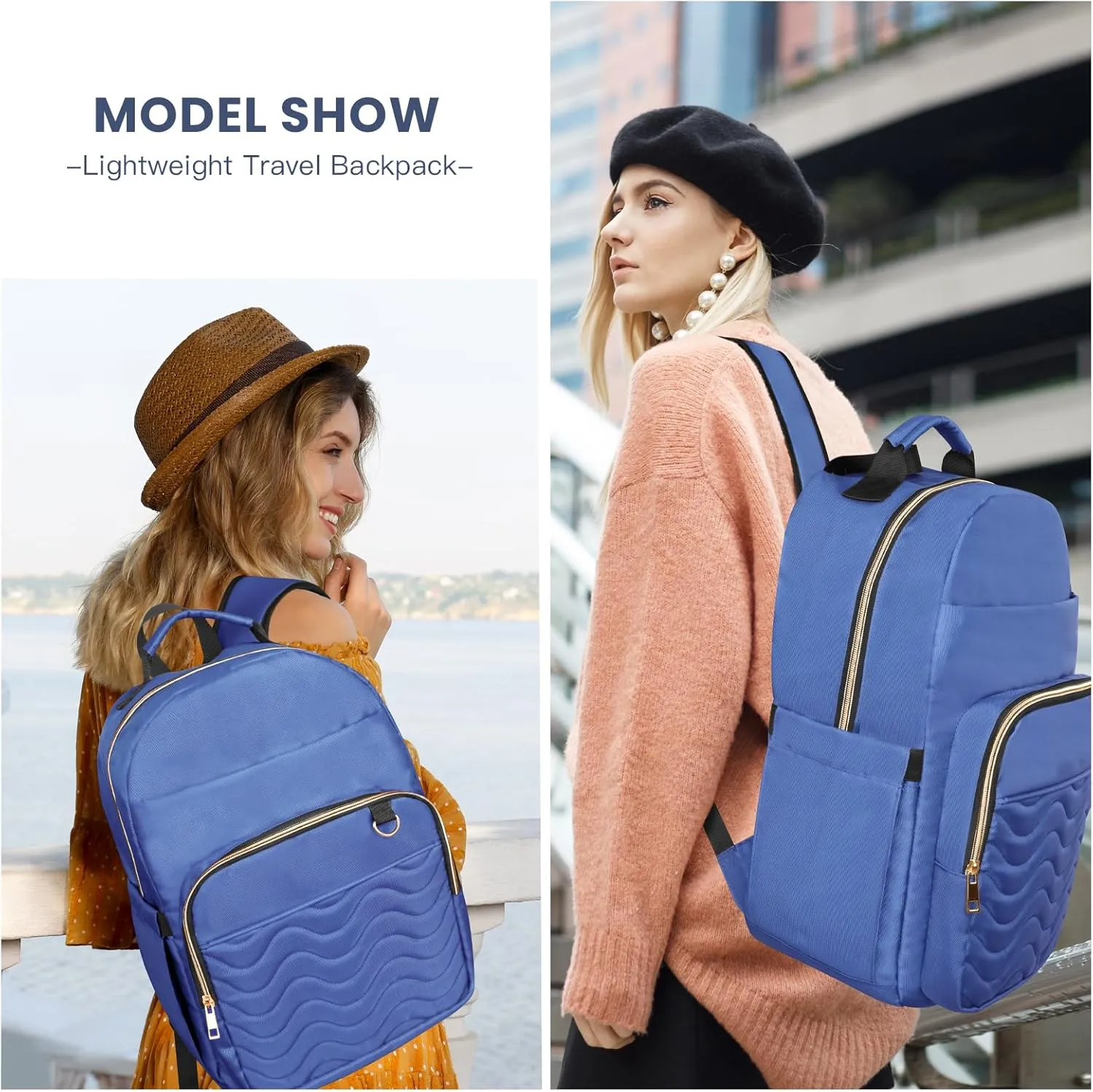 Laptop Backpack 15.6" Stylish Backpack Water Repellent College Casual Daypack with USB Port Travel Business Work Bag for Men Women, Quilted Bookbag for Girls Boys (Blue)