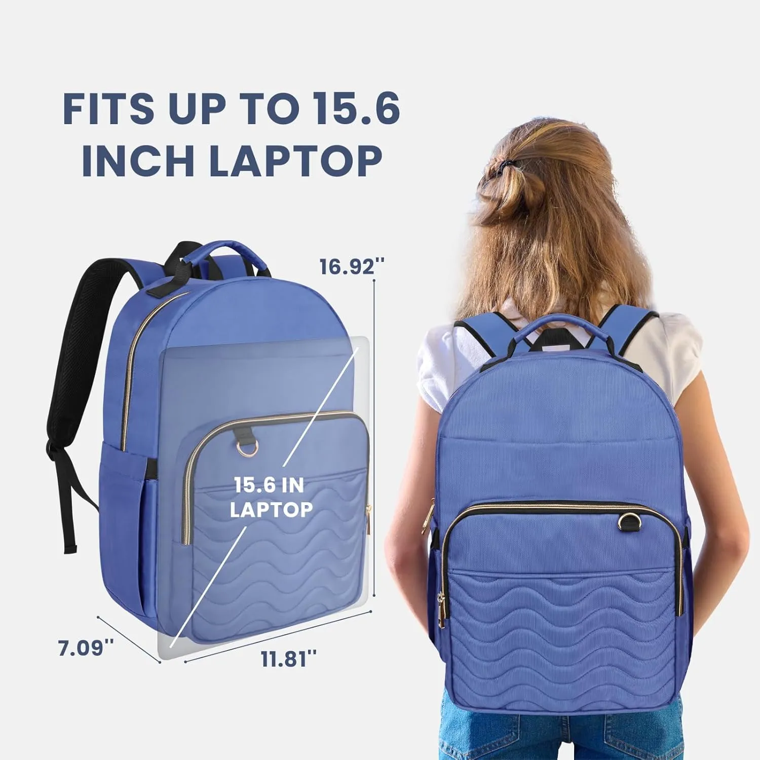Laptop Backpack 15.6" Stylish Backpack Water Repellent College Casual Daypack with USB Port Travel Business Work Bag for Men Women, Quilted Bookbag for Girls Boys (Blue)