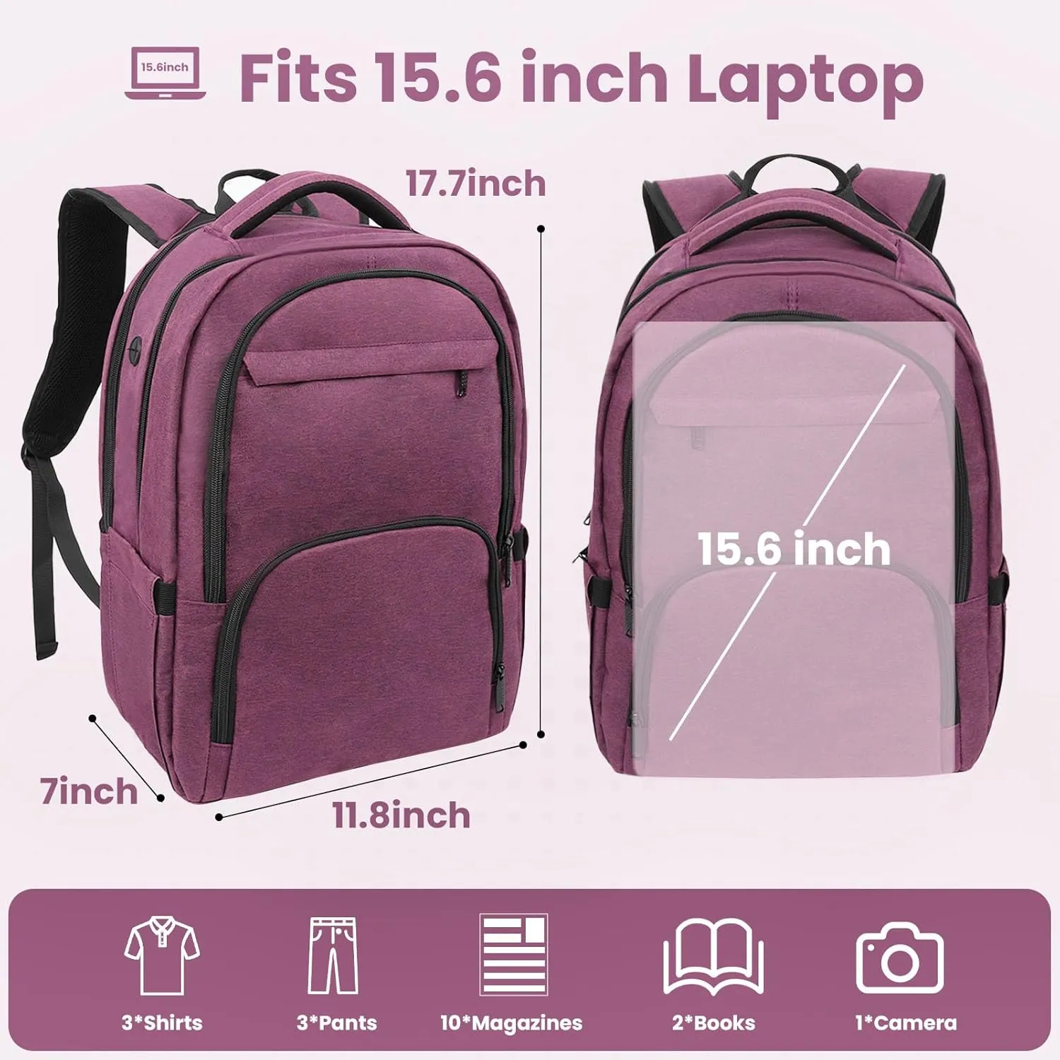 Laptop Backpack for Men & Women, Business Anti-Theft Computer Backpack with USB Charging Port, Water Resistant, Fits 15.6 Inch Notebook, Purple