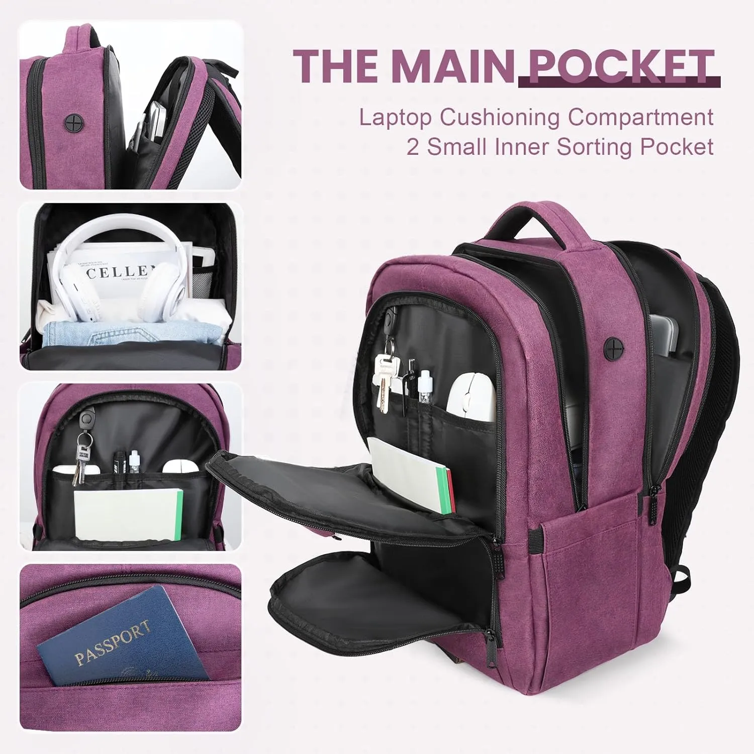 Laptop Backpack for Men & Women, Business Anti-Theft Computer Backpack with USB Charging Port, Water Resistant, Fits 15.6 Inch Notebook, Purple