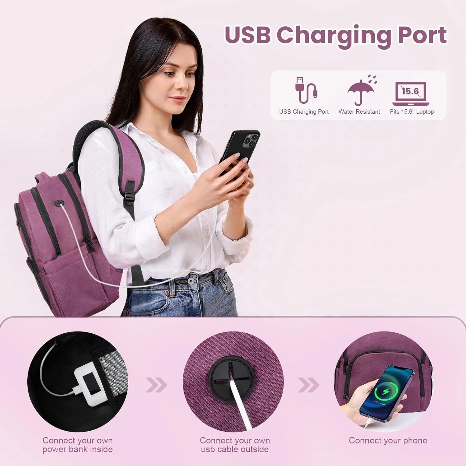 Laptop Backpack for Men & Women, Business Anti-Theft Computer Backpack with USB Charging Port, Water Resistant, Fits 15.6 Inch Notebook, Purple