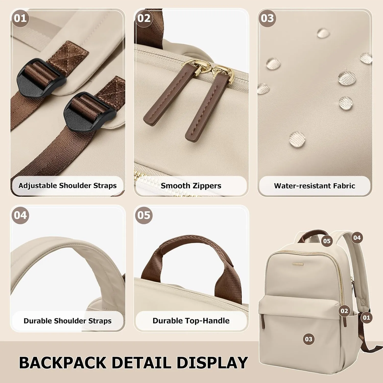Laptop Backpack for Women Fit 14 Inch Stylish Daypack Notebook Travel Work Commuter Casual Daypack Backpack Purse for Women Travel Business (Apricot)