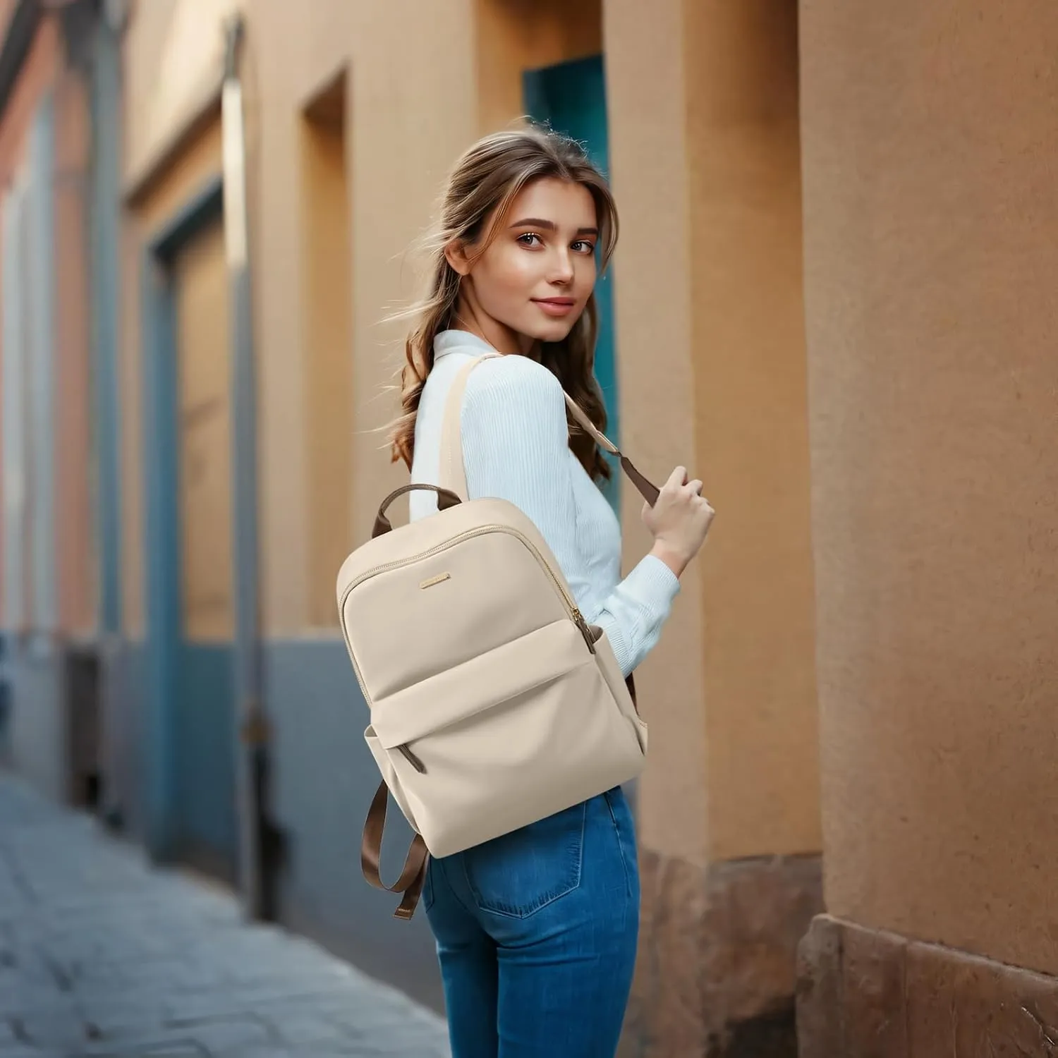Laptop Backpack for Women Fit 14 Inch Stylish Daypack Notebook Travel Work Commuter Casual Daypack Backpack Purse for Women Travel Business (Apricot)