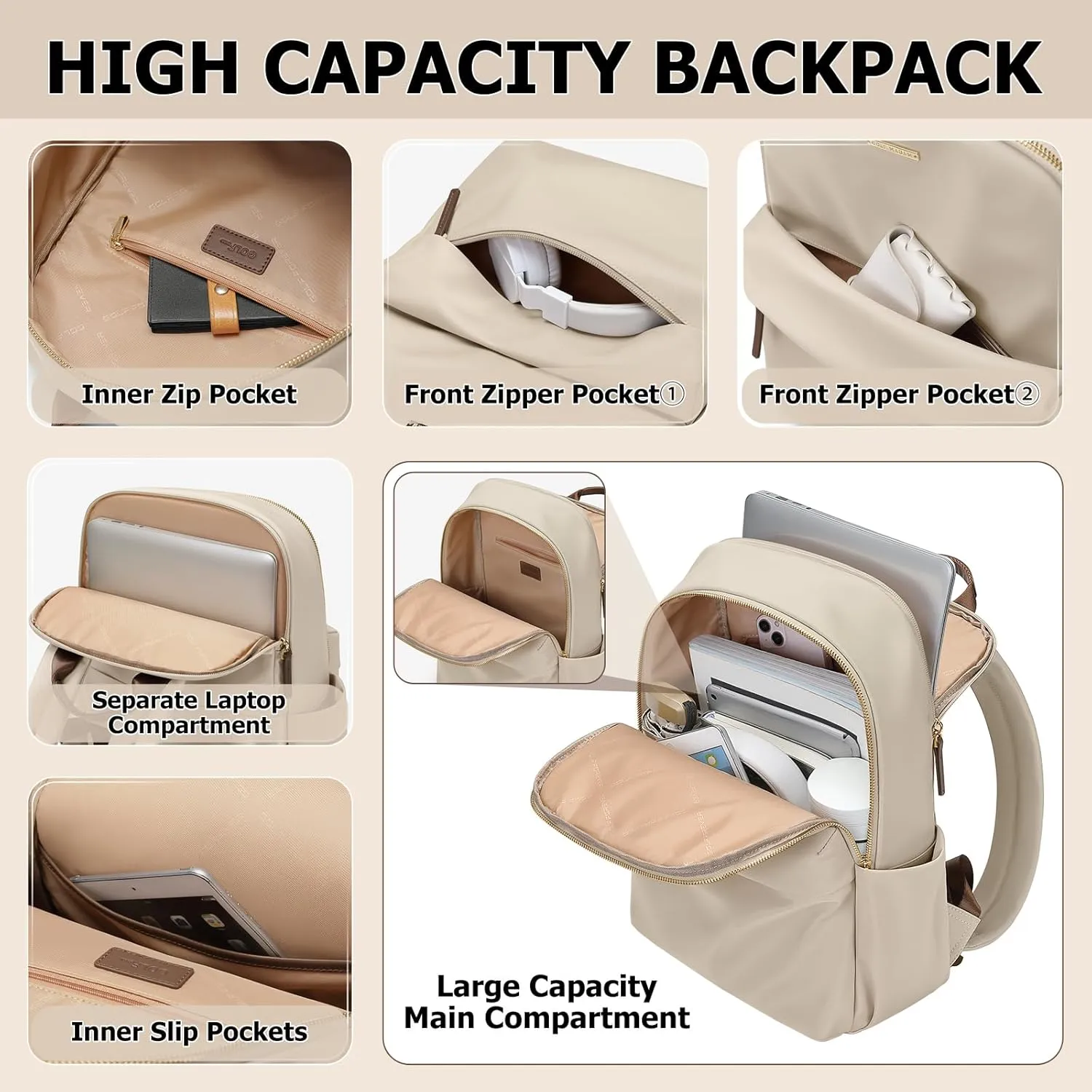 Laptop Backpack for Women Fit 14 Inch Stylish Daypack Notebook Travel Work Commuter Casual Daypack Backpack Purse for Women Travel Business (Apricot)