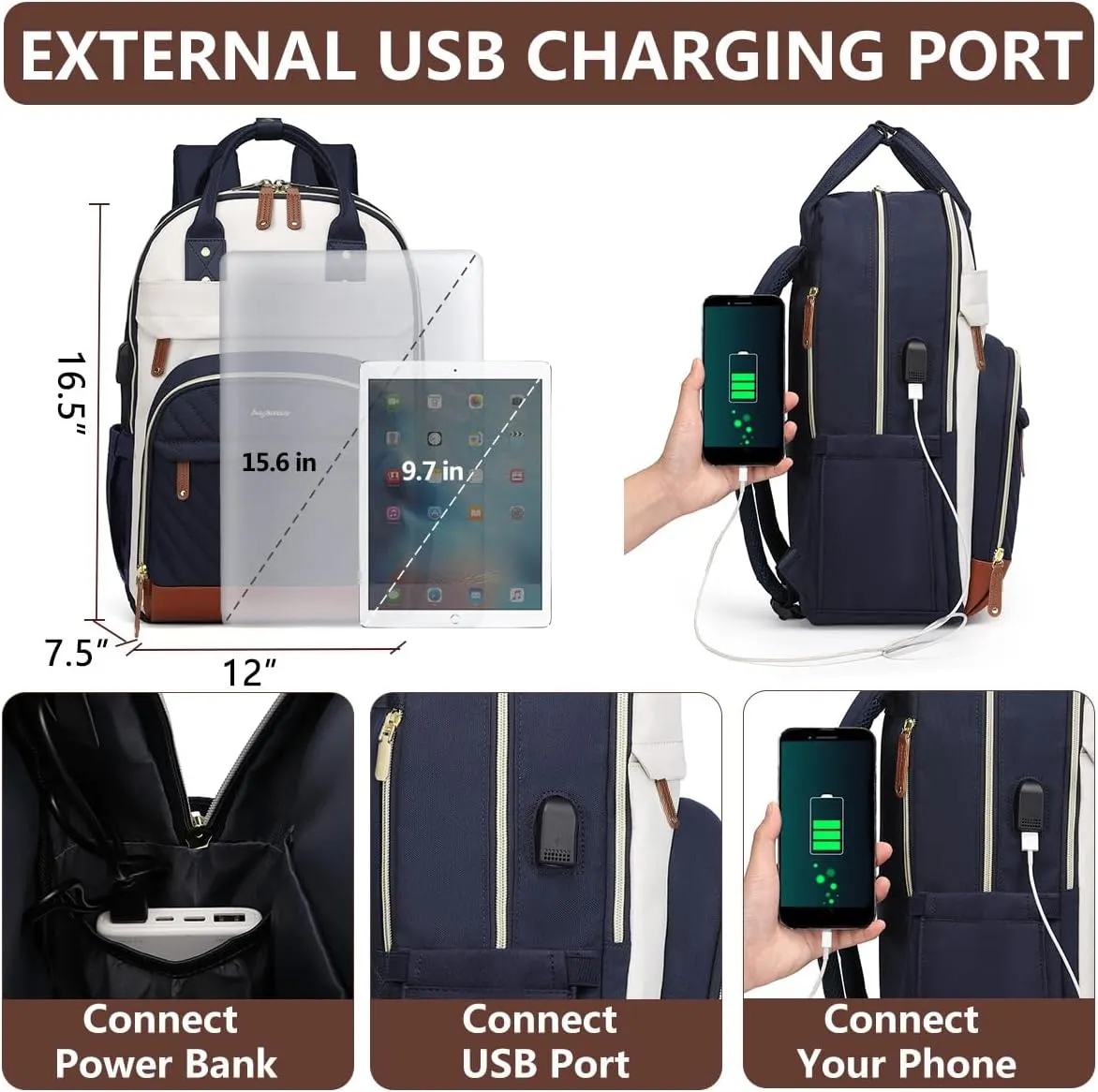 Laptop Backpack for Women, Fits 15.6 Inch Laptop Bag, Fashion Travel Work Backpack Anti-theft Bag with USB Charging, Business Computer Waterproof Backpack Purse, Beige Blue Brown
