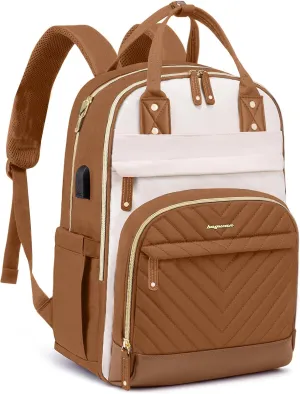 Laptop Backpack for Women Work Bag - 15.6 inch Travel Backpack with USB Charger College Bookbag Waterproof Business Computer Backpack Anti-theft Casual Backpacks for Nurse Teacher Beige Brown