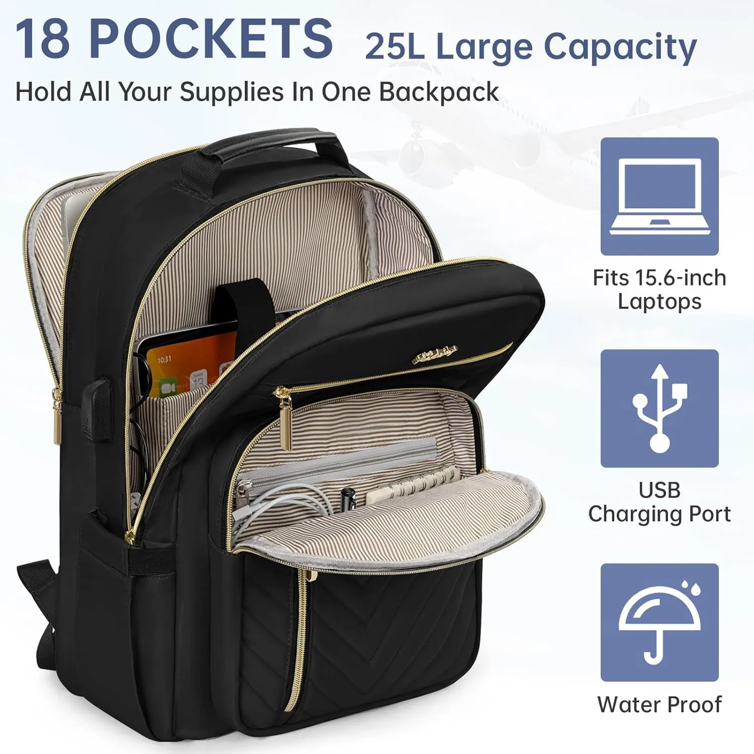 Laptop Backpack for Women, Work Travel Computer Bags, Quilted Casual Daypack with USB Port, Waterproof Computer Backpack Fit 15.6 Inch Laptop (Black)