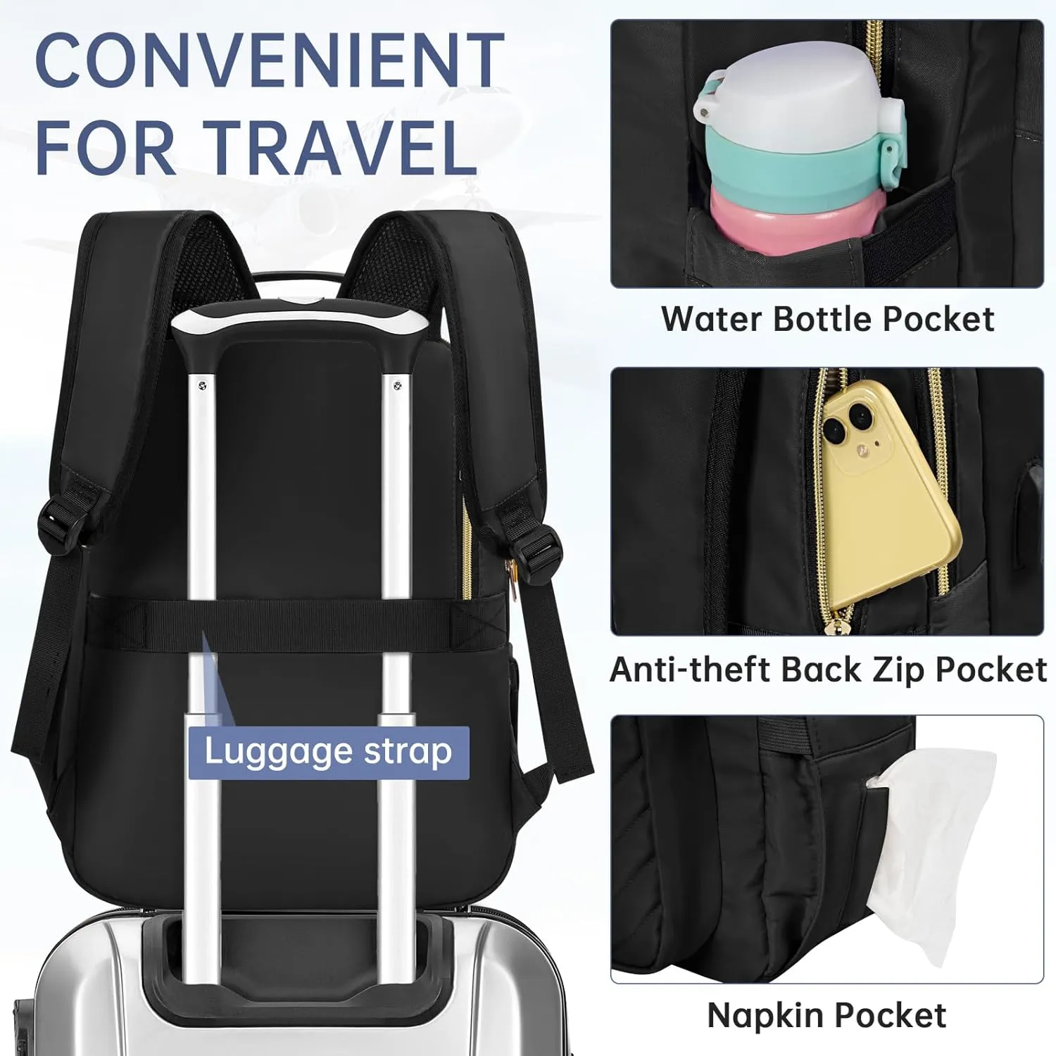 Laptop Backpack for Women, Work Travel Computer Bags, Quilted Casual Daypack with USB Port, Waterproof Computer Backpack Fit 15.6 Inch Laptop (Black)