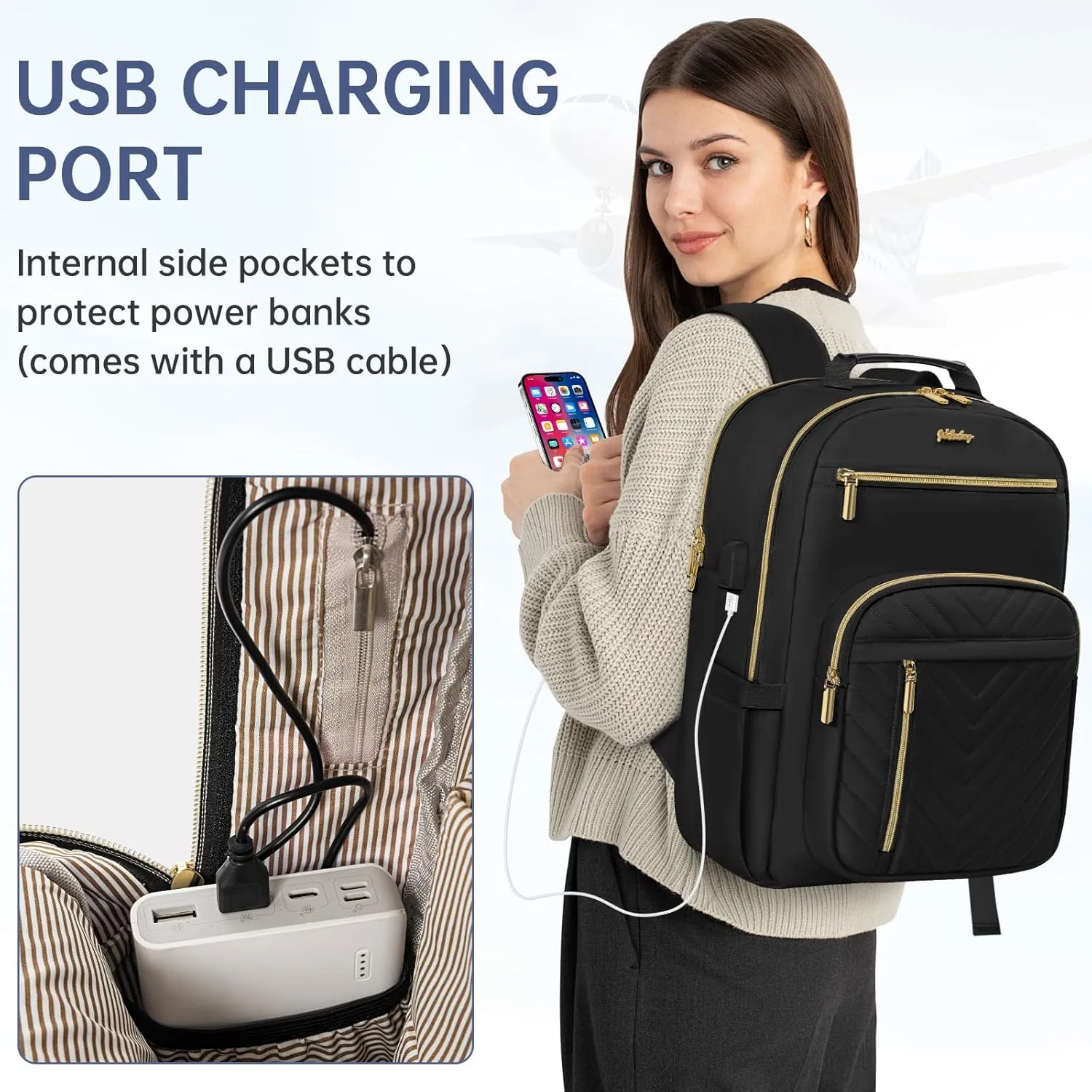 Laptop Backpack for Women, Work Travel Computer Bags, Quilted Casual Daypack with USB Port, Waterproof Computer Backpack Fit 15.6 Inch Laptop (Black)
