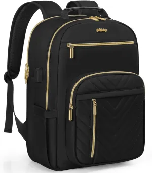 Laptop Backpack for Women, Work Travel Computer Bags, Quilted Casual Daypack with USB Port, Waterproof Computer Backpack Fit 15.6 Inch Laptop (Black)