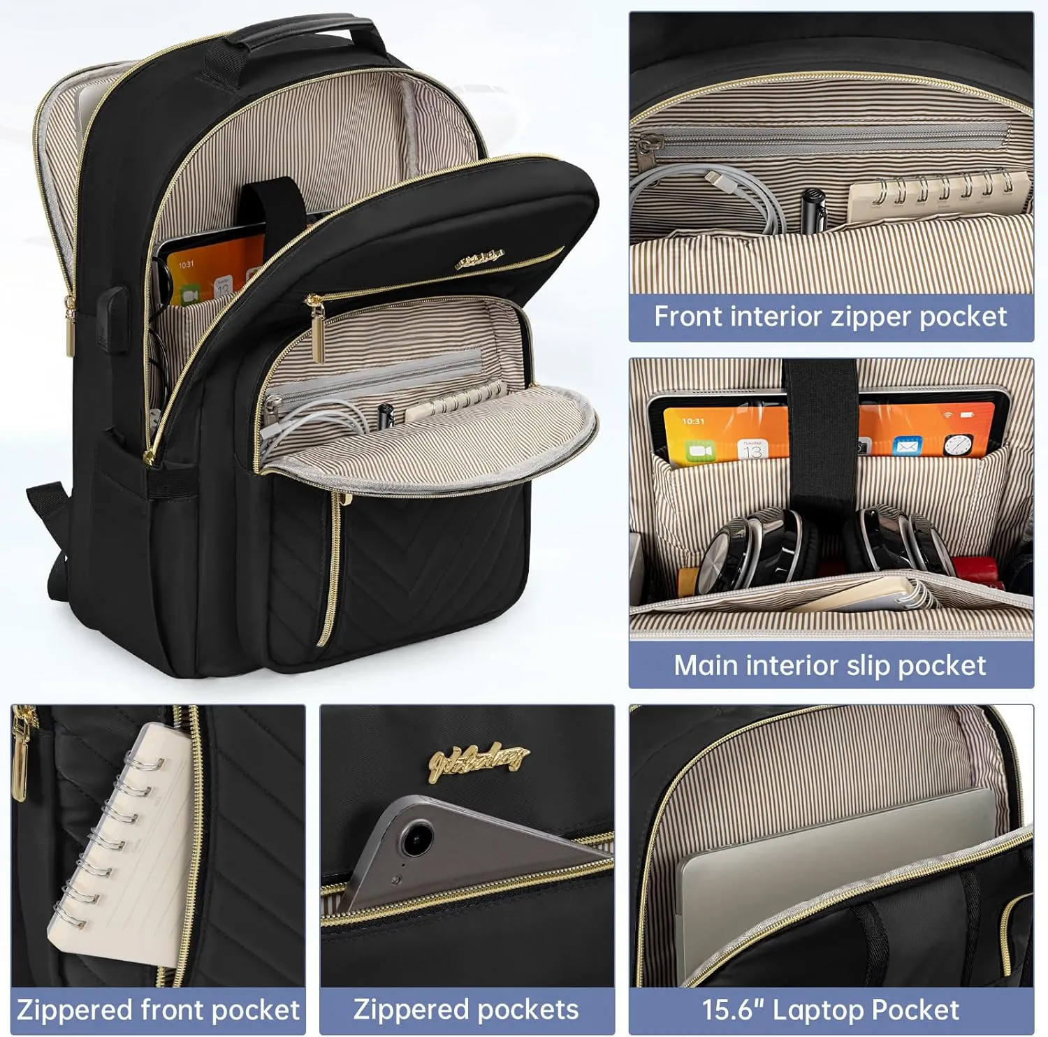 Laptop Backpack for Women, Work Travel Computer Bags, Quilted Casual Daypack with USB Port, Waterproof Computer Backpack Fit 15.6 Inch Laptop (Black)