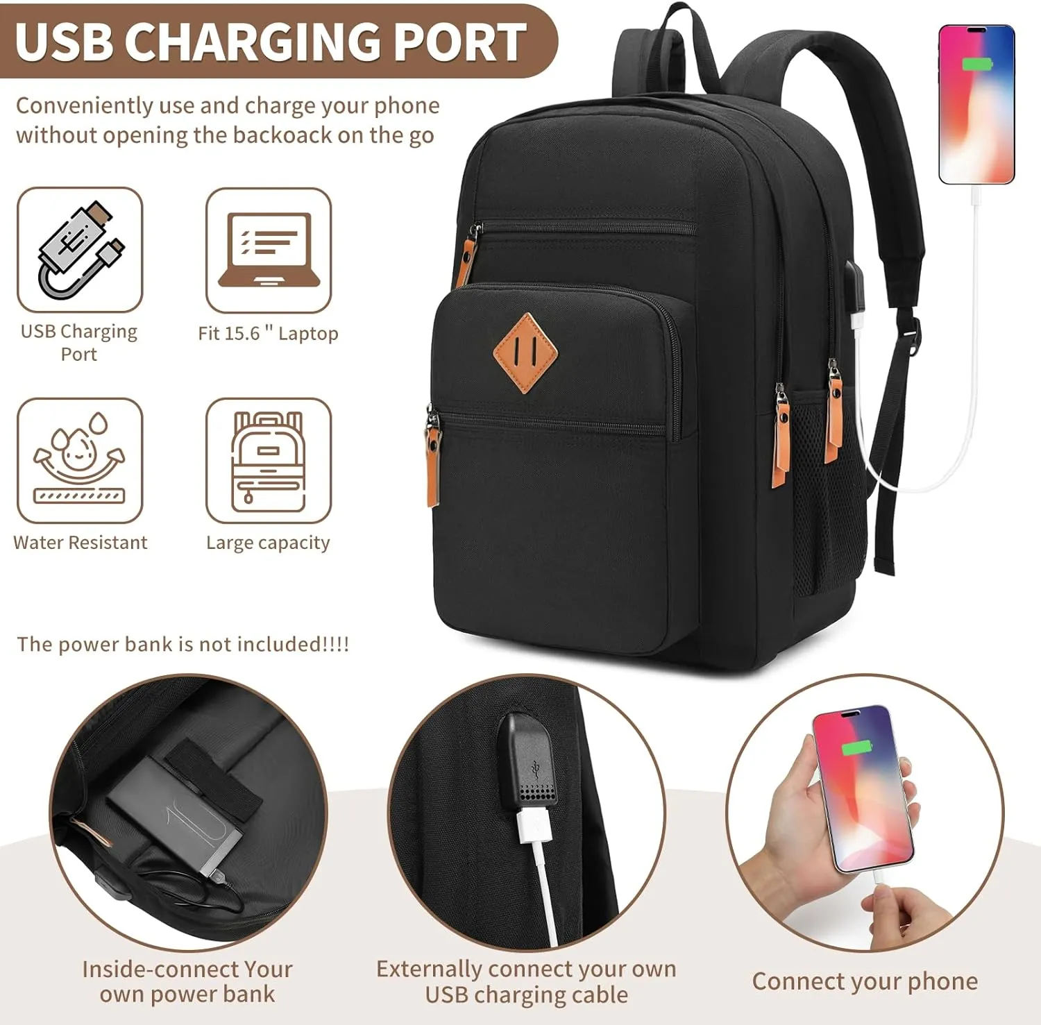Laptop Backpack for Work, College, Travel, Daily Backpacks for Men Women, Computer Bag Fits 15.6 Inch Notebook, Black