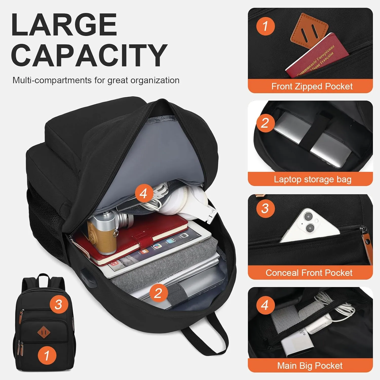 Laptop Backpack for Work, College, Travel, Daily Backpacks for Men Women, Computer Bag Fits 15.6 Inch Notebook, Black