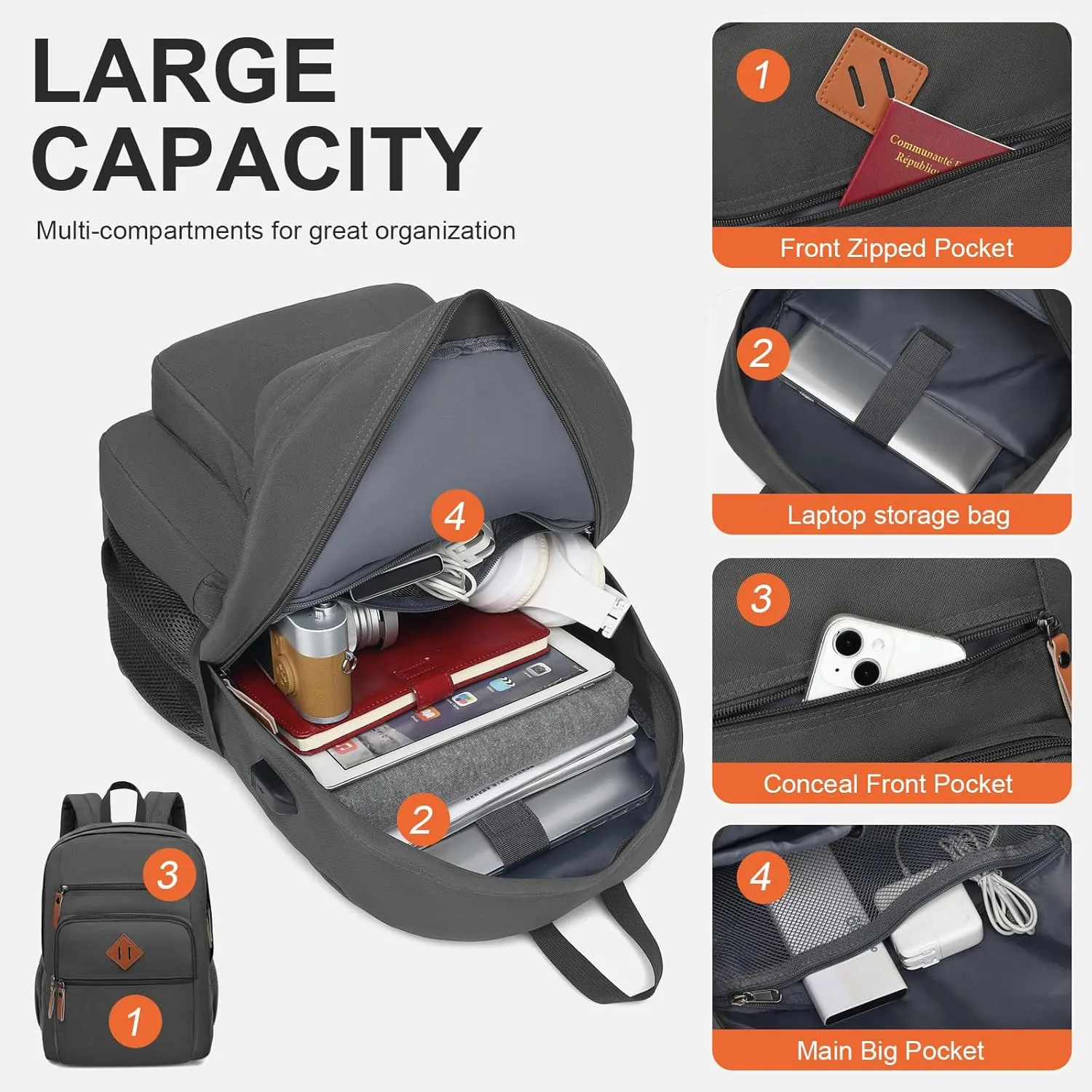 Laptop Backpack for Work, College, Travel, Daily Backpacks for Men Women, Computer Bag Fits 15.6 Inch Notebook, Grey